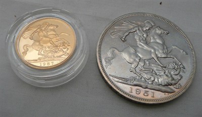 Lot 63 - A 1987 full sovereign and a festival of Britain crown