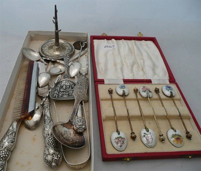 Lot 71 - A set of six silver and enamel coffee spoons, assorted small silver etc
