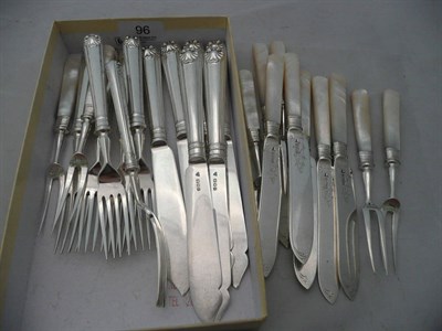 Lot 96 - A set of six Walker & Hall silver and mother of pearl fruit knives and forks and a set of six...