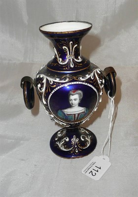 Lot 112 - Enamel blue ground vase with portrait panel