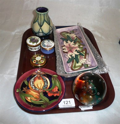 Lot 121 - A Moorcroft tray, dish and vase, Caithness paperweight, two Halcyon days enamel boxes and another