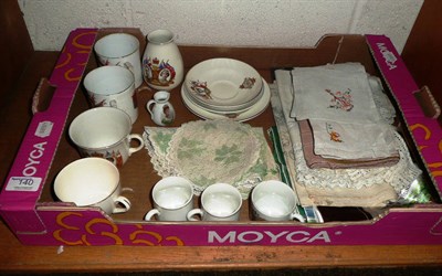 Lot 140 - Quantity of linen including a Victorian souvenir piece and a quantity of commemorative china