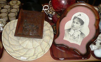 Lot 156 - A Victorian rosewood picture frame, a Royal Worcester blush ivory lamp base, art glass bowl,...