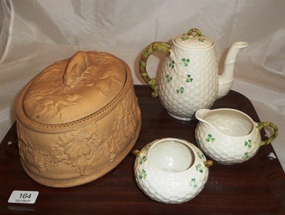 Lot 164 - Three piece Belleek tea set and a Wedgwood creamware game dish and cover