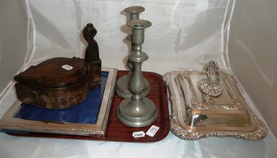 Lot 170 - Entree dish and cover, pair of pewter candlesticks, wooden box and plated frame