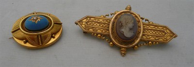 Lot 208 - Cameo brooch and oval turquoise set brooch