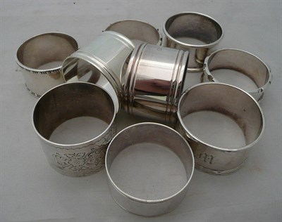 Lot 222 - Six napkin rings, 5.5oz approximately and three plated napkin rings