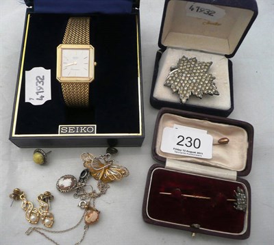 Lot 230 - A rose cut diamond set pig stick pin, a heart stick pin, a Seiko wristwatch and a small quantity of