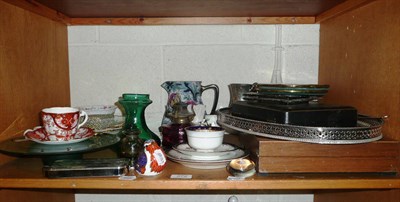 Lot 272 - A shelf lot of ceramics, glass and plate including a Royal Crown Derby robin paperweight