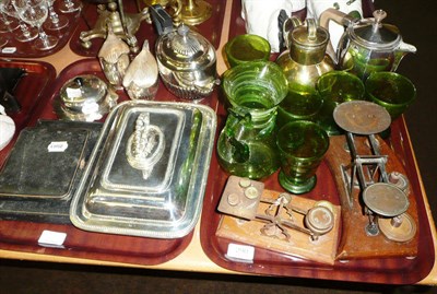 Lot 290 - Two trays of sundry items including letter scales, plated wares and green glass