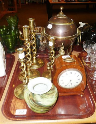 Lot 292 - Tray of sundries including copper urn, mantel clock, candlesticks etc