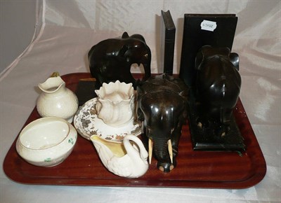 Lot 294 - Pair of ebony elephant book ends, china and sundry