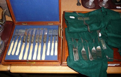 Lot 295 - Two handled tray, quantity of cutlery and a cased set of fruit eaters