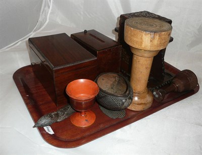 Lot 301 - A tray of assorted treen etc and a 19th century tea caddy