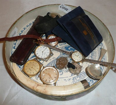 Lot 331 - Box of assorted watches, silver caddy spoon, coins etc