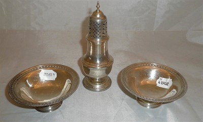 Lot 340 - Pair of silver footed bowls and a silver sugar caster