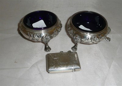 Lot 354 - Pair of Victorian silver salts with blue glass liners and a silver vesta