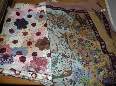 Lot 359 - Unfinished patchwork quilt and an embroidered panel