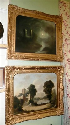 Lot 365 - Framed pair of 19th century oils - moonlight river landscape attributed to Pelton and a river...