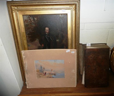 Lot 375 - An oil on canvas of a gentleman and two watercolours and an antique bible (4)