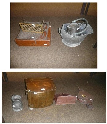 Lot 389 - Quantity of metalware comprising of copper jug and scuttle, brass Art Nouveau newspaper rack, tray