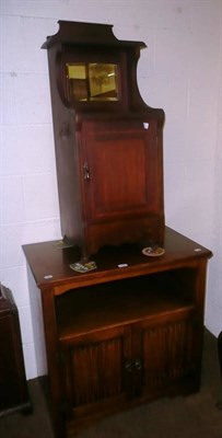 Lot 404 - Folding fire screen, oak linen fold music cabinet and an Edwardian inlaid pot cupboard