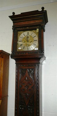 Lot 408 - An 18th century brass faced eight day oak longcase clock by Wm Martin, Bristol with two...