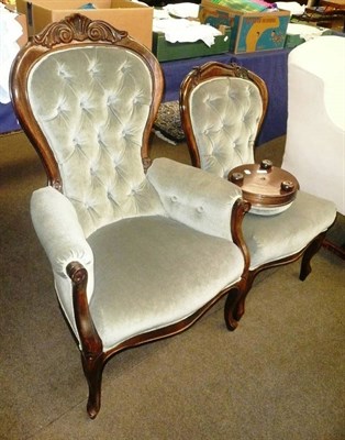 Lot 469 - An oak framed button back elbow chair, matching nursing chair and foot stool