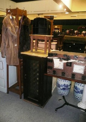 Lot 572 - Late Victorian iron bed table, two Lloyd Loom baskets, glazed wine cabinet, oak coat stand,...