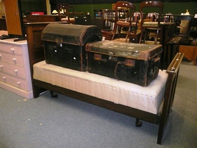 Lot 582 - Pair of panelled mahogany single beds with steel bars and bases