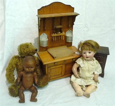 Lot 1009 - German Dolls Pine Kitchen Dresser And Rack with utensils, of two drawers and sliding cupboard doors