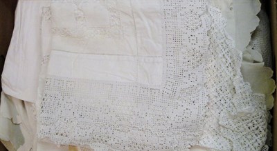 Lot 1042 - Assorted White Linen Cloths, Crochet Edged Cloths, Bed Linen etc (three boxes)