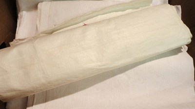 Lot 1044 - Assorted White Linen And Damask Table Cloths, drawn thread work, roll of linen, etc (one box)