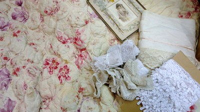 Lot 1050 - Assorted White Linen Trimmings, Edgings, Lace Work And A Floral Bed Cover with raised hexagonal...