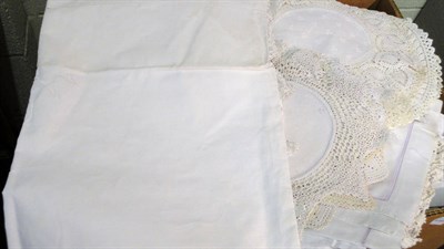 Lot 1052 - Assorted White Linen Crochet Edged Table Cloths, table runners, mats and other items, some...