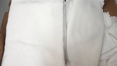 Lot 1054 - Assorted White Linen Cloths, Embroidered Cloths, Textiles etc (one box)