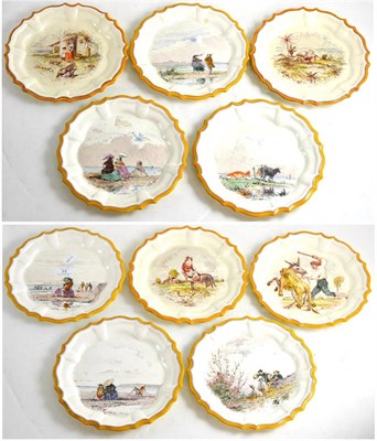 Lot 33 - A Set of Ten Wedgwood Queen's Ware Maiolica Plates, mid Victorian, four painted by Emile...