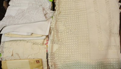 Lot 1064 - White Linen And Drawn Thread Work Table Cloth, various linens and decorative textiles (two boxes)