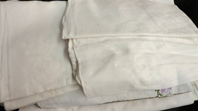 Lot 1065 - Assorted White Linen And Textiles including damask cloths, bed spread, embroidered textiles etc