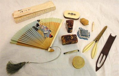 Lot 1069 - Assorted Sewing Accessories including a blue and white beaded pin cushion; two tortoiseshell...