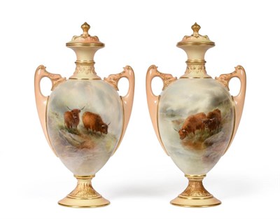 Lot 41 - A Pair of Royal Worcester Porcelain Twin-Handled Ovoid Vases and Covers, dated 1908, painted by...