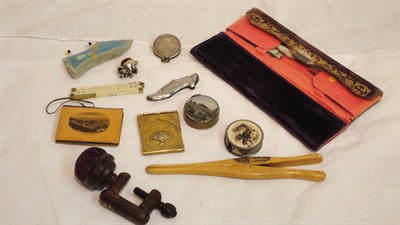 Lot 1072 - Assorted Sewing Accessories including a rosewood sewing clamp with pin cushion top; purple...