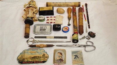 Lot 1073 - Assorted Sewing And Knitting Accessories including an American paper needle case printed with a...