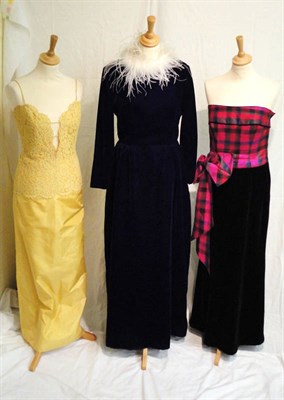 Lot 1078 - Assorted Modern Evening Dresses including a full length purple velvet long sleeved dress with white