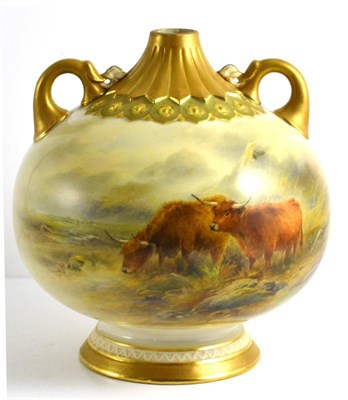 Lot 42 - A Royal Worcester Porcelain Twin-Handled Ovoid Vase, dated 1917, painted by John Stinton with...