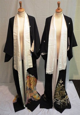 Lot 1090 - Late 19th Century Japanese Black Tomesode Robe with gold and white floral decoration to the...