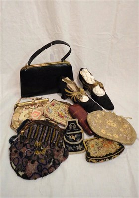 Lot 1097 - Assorted Handbags And Accessories including a pair of circa 1930's black satin evening shoes...