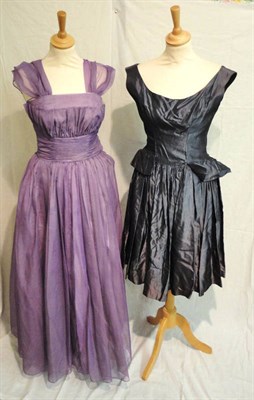 Lot 1103 - Assorted 1950's And Later Costume including Jean Allen blue spotted silk cocktail dress (with...