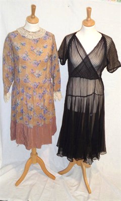 Lot 1116 - Assorted Circa 1930's And Later Costume including a black chiffon short sleeved dress with...