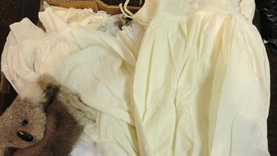 Lot 1120 - Assorted Children's White Cotton Gowns, White Linens, Koala Muff  Etc (one box)